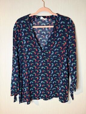 For The Republic Peacock Print Navy Floral V-Neck Long Sleeve Blouse XL